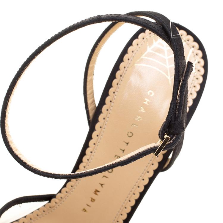 Pre Owned Charlotte Olympia Black Canvas And PVC Tropicana Embellished Sandals Size 38