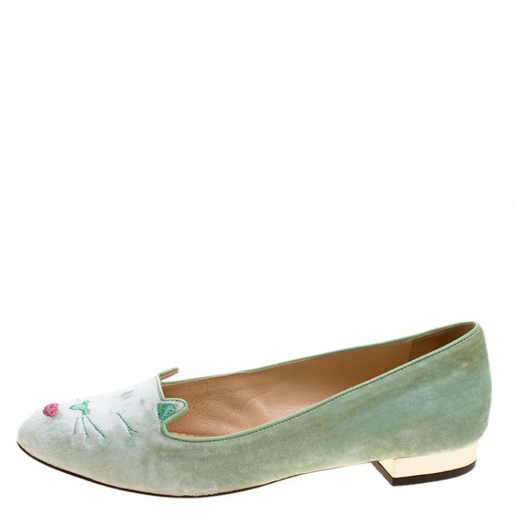 Pre Owned Charlotte Olympia Peppermint Green Velvet Pouting Kitty Flats Size 38