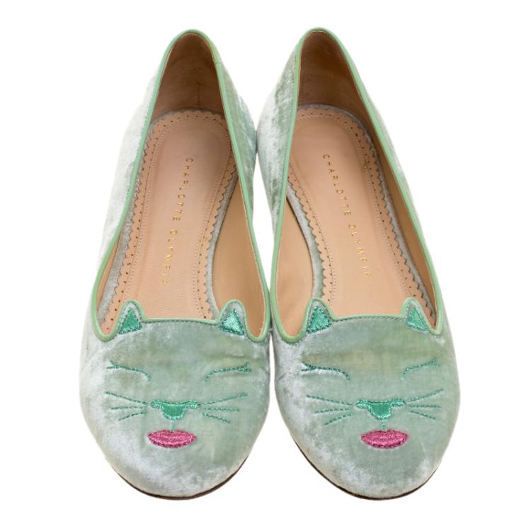Pre Owned Charlotte Olympia Peppermint Green Velvet Pouting Kitty Flats Size 38