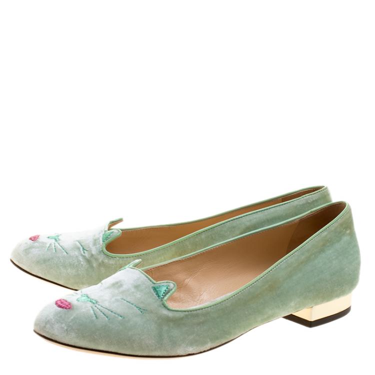 Pre Owned Charlotte Olympia Peppermint Green Velvet Pouting Kitty Flats Size 38