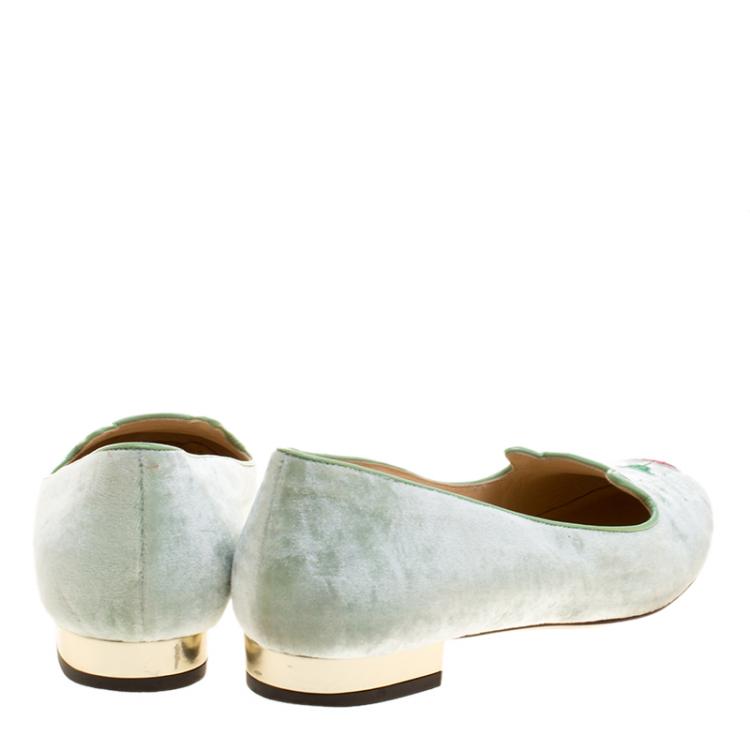 Pre Owned Charlotte Olympia Peppermint Green Velvet Pouting Kitty Flats Size 38