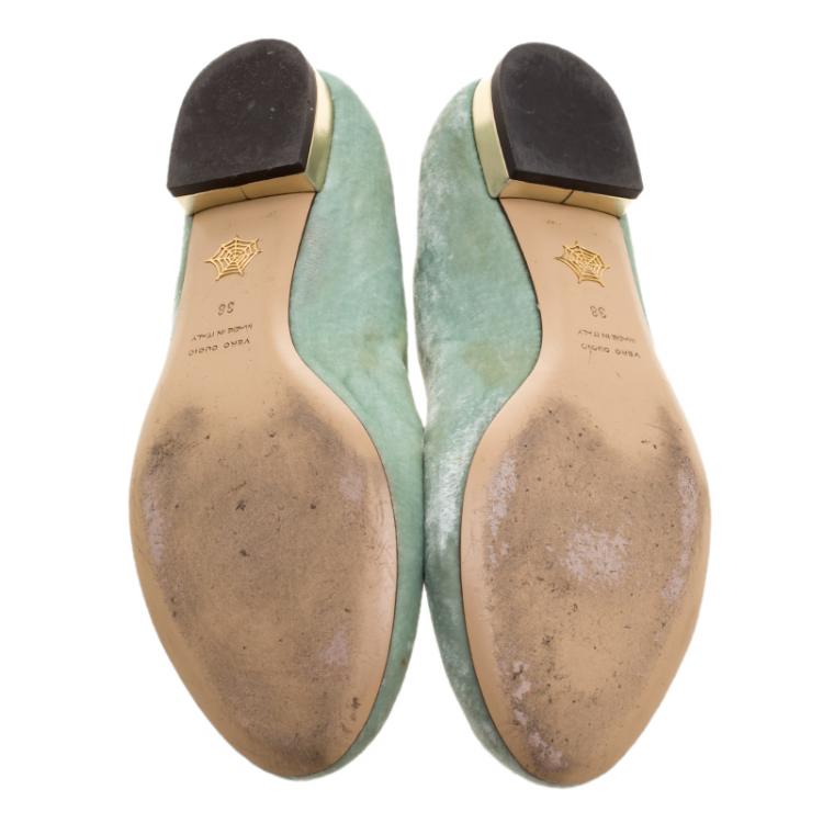 Pre Owned Charlotte Olympia Peppermint Green Velvet Pouting Kitty Flats Size 38