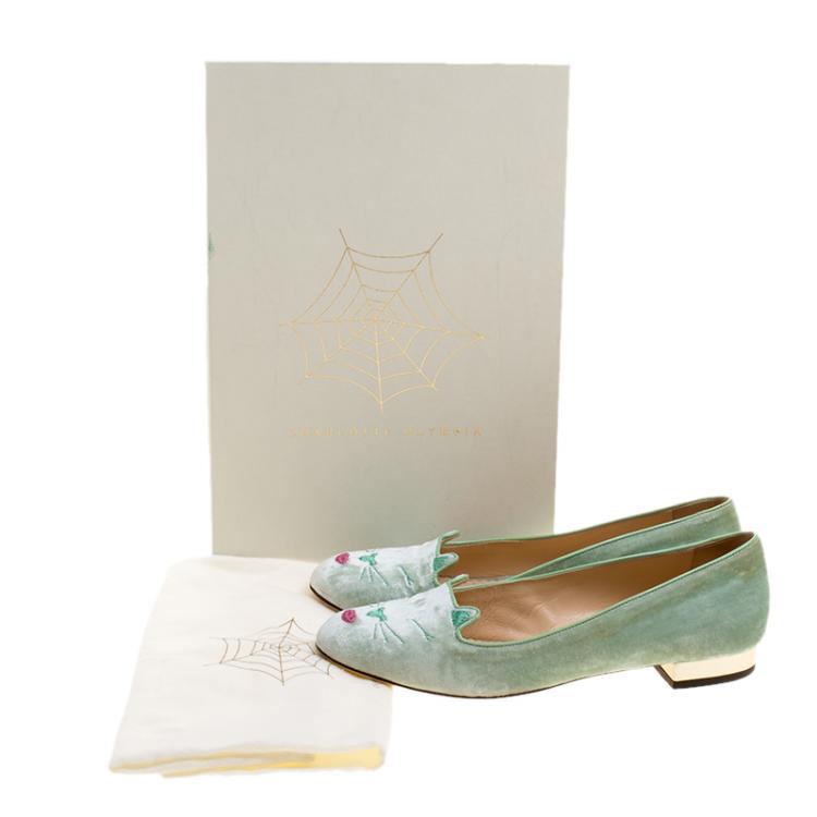 Pre Owned Charlotte Olympia Peppermint Green Velvet Pouting Kitty Flats Size 38