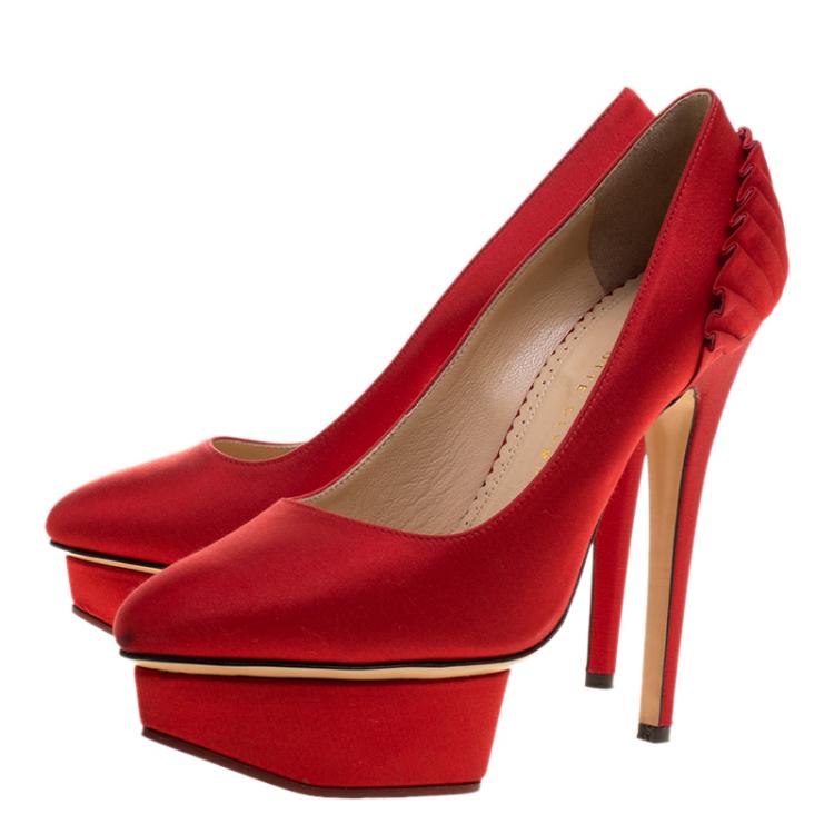 Pre Owned Charlotte Olympia Red Satin Paloma Fan Pleat Platform Pumps Size 37.5