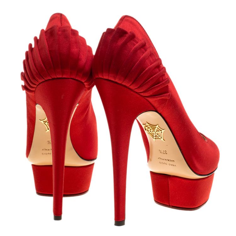 Pre Owned Charlotte Olympia Red Satin Paloma Fan Pleat Platform Pumps Size 37.5