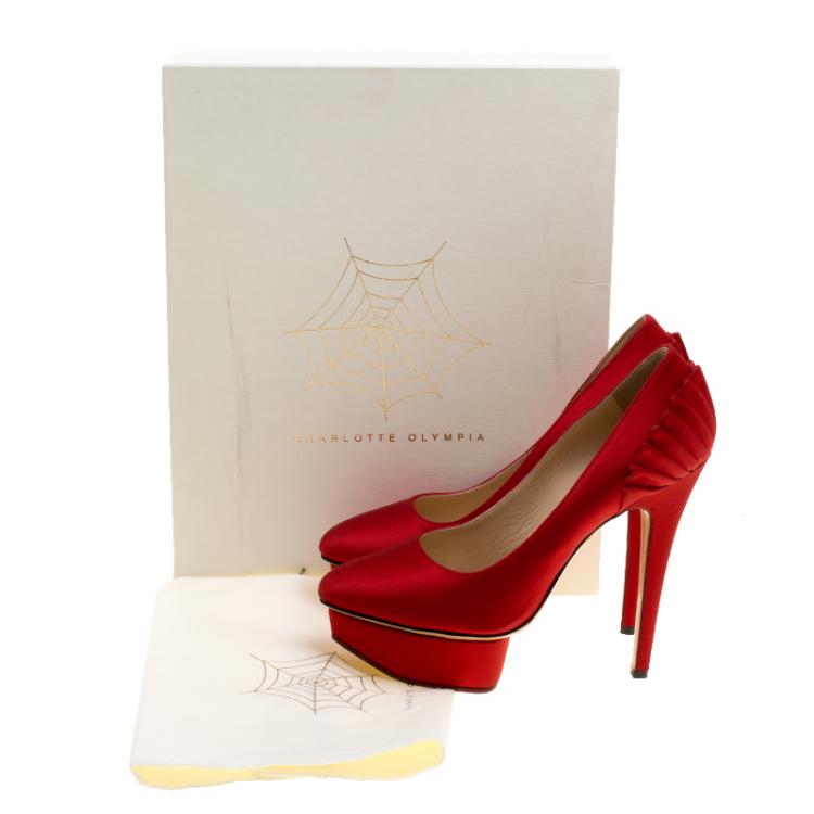 Pre Owned Charlotte Olympia Red Satin Paloma Fan Pleat Platform Pumps Size 37.5