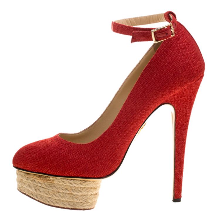 Pre Owned Charlotte Olympia Red Canvas Dolores Ankle Strap Platform Pumps Size 37.5