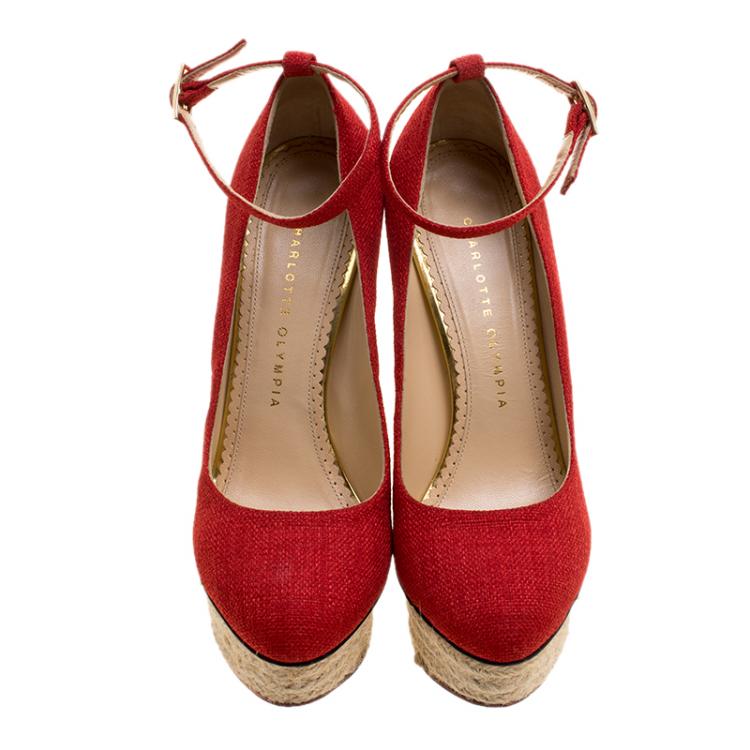 Pre Owned Charlotte Olympia Red Canvas Dolores Ankle Strap Platform Pumps Size 37.5
