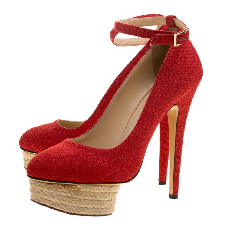 Pre Owned Charlotte Olympia Red Canvas Dolores Ankle Strap Platform Pumps Size 37.5