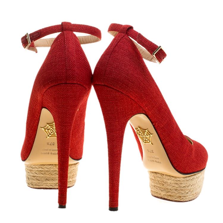 Pre Owned Charlotte Olympia Red Canvas Dolores Ankle Strap Platform Pumps Size 37.5