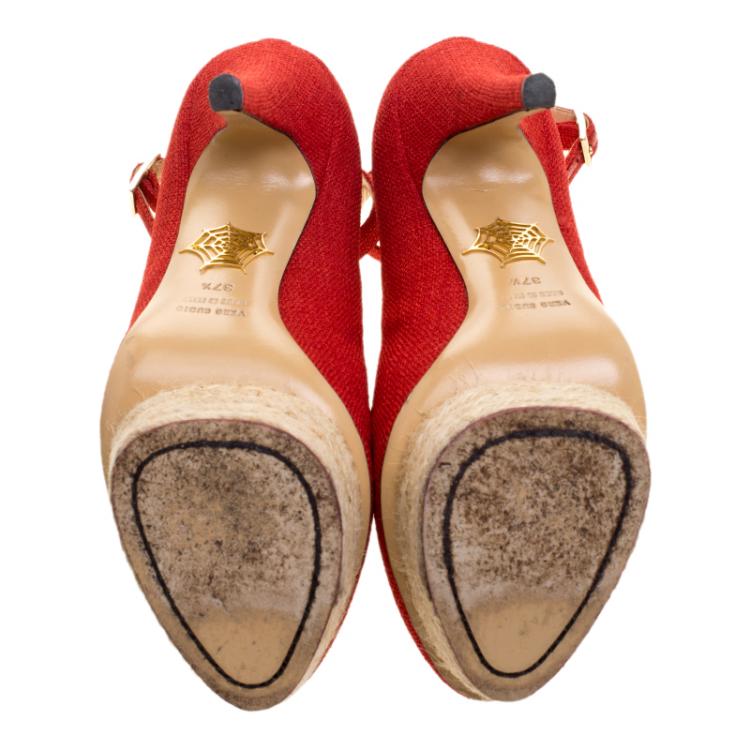 Pre Owned Charlotte Olympia Red Canvas Dolores Ankle Strap Platform Pumps Size 37.5