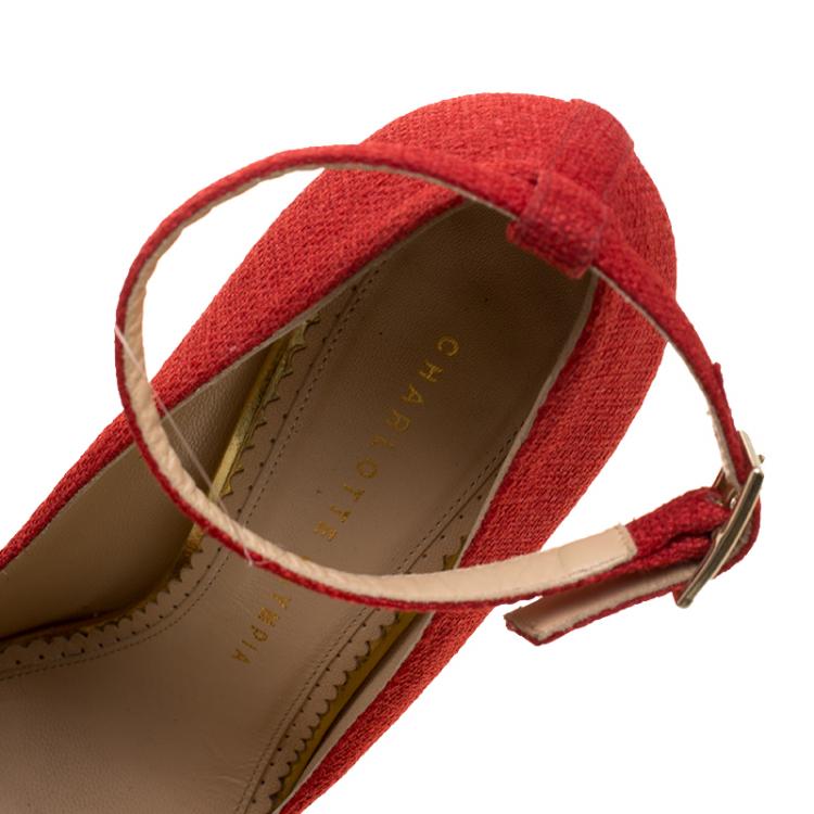 Pre Owned Charlotte Olympia Red Canvas Dolores Ankle Strap Platform Pumps Size 37.5