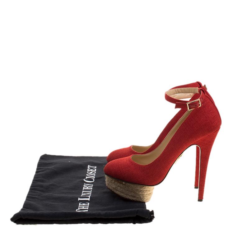 Pre Owned Charlotte Olympia Red Canvas Dolores Ankle Strap Platform Pumps Size 37.5