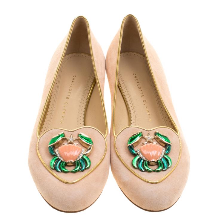 Pre Owned Charlotte Olympia Peach Suede Birthday Zodiac Cancer Ballet Flats Size 40