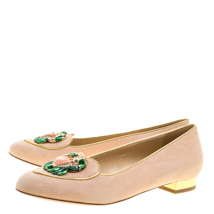 Pre Owned Charlotte Olympia Peach Suede Birthday Zodiac Cancer Ballet Flats Size 40