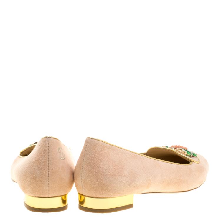 Pre Owned Charlotte Olympia Peach Suede Birthday Zodiac Cancer Ballet Flats Size 40