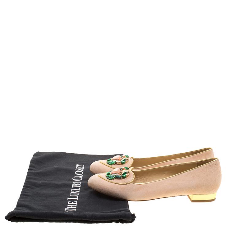 Pre Owned Charlotte Olympia Peach Suede Birthday Zodiac Cancer Ballet Flats Size 40