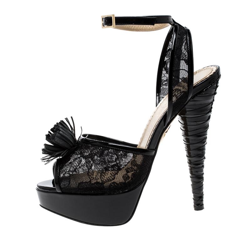مملوكة مسبقًا Charlotte Olympia Black Lace and Patent Leather Temptress Platform Sandals Size 36