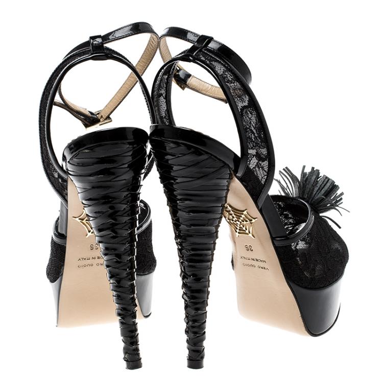 مملوكة مسبقًا Charlotte Olympia Black Lace and Patent Leather Temptress Platform Sandals Size 36