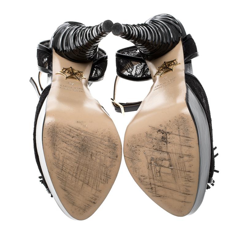 مملوكة مسبقًا Charlotte Olympia Black Lace and Patent Leather Temptress Platform Sandals Size 36