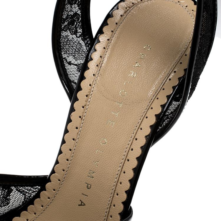 مملوكة مسبقًا Charlotte Olympia Black Lace and Patent Leather Temptress Platform Sandals Size 36