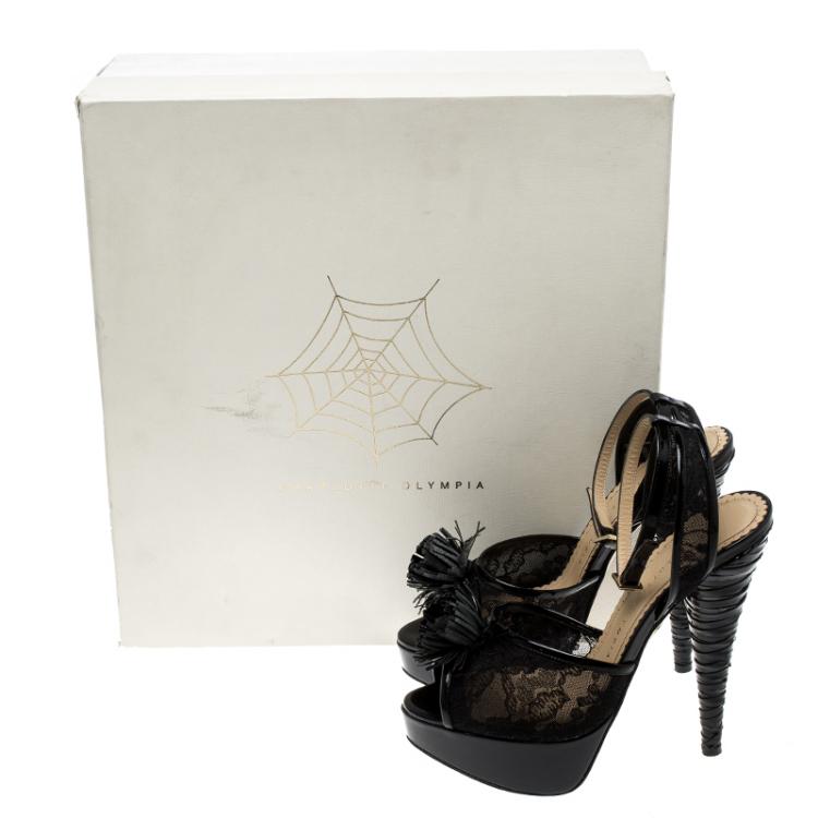 مملوكة مسبقًا Charlotte Olympia Black Lace and Patent Leather Temptress Platform Sandals Size 36