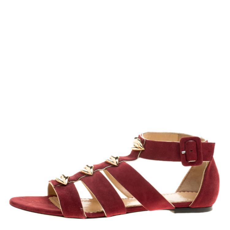 Pre Owned Charlotte Olympia Garnet Red Suede One More Kiss Flat Gladiator Sandals Size 38.5