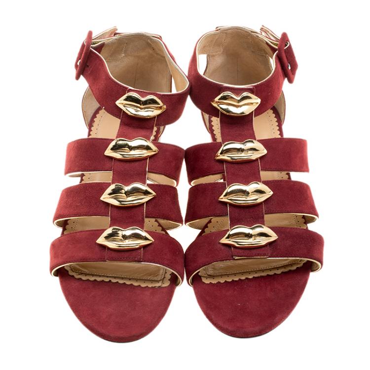 Pre Owned Charlotte Olympia Garnet Red Suede One More Kiss Flat Gladiator Sandals Size 38.5
