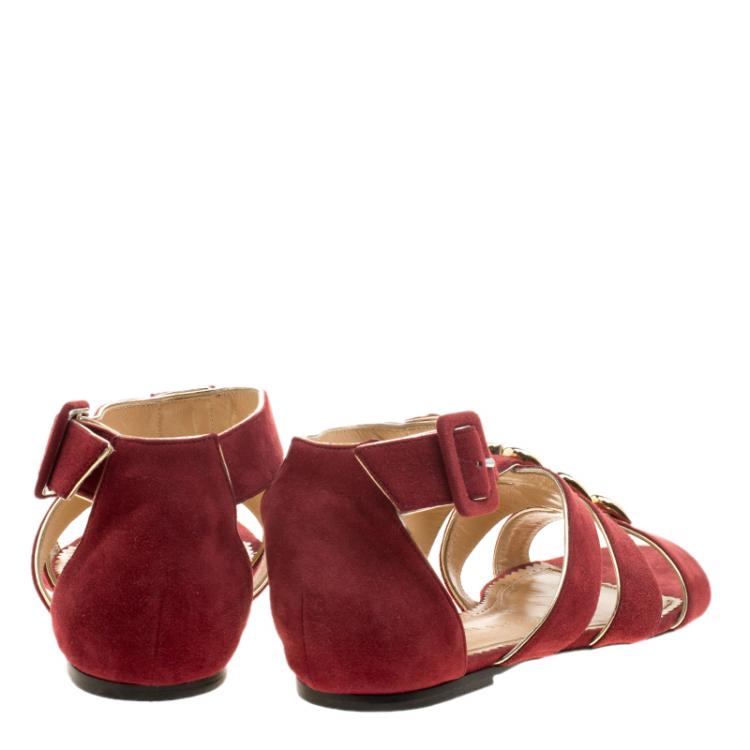 Pre Owned Charlotte Olympia Garnet Red Suede One More Kiss Flat Gladiator Sandals Size 38.5