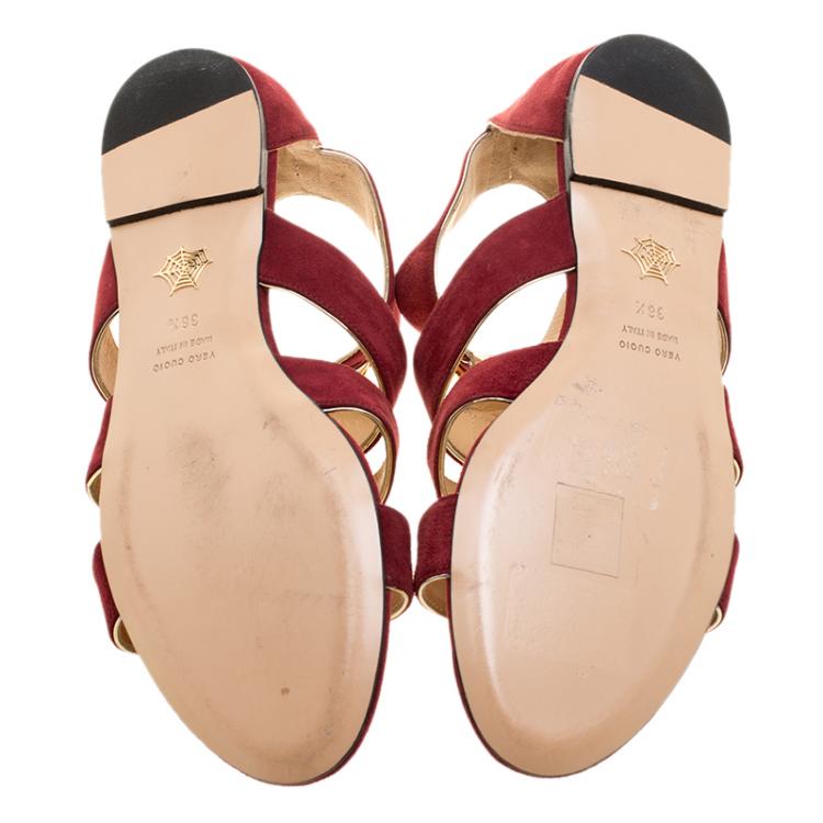 Pre Owned Charlotte Olympia Garnet Red Suede One More Kiss Flat Gladiator Sandals Size 38.5