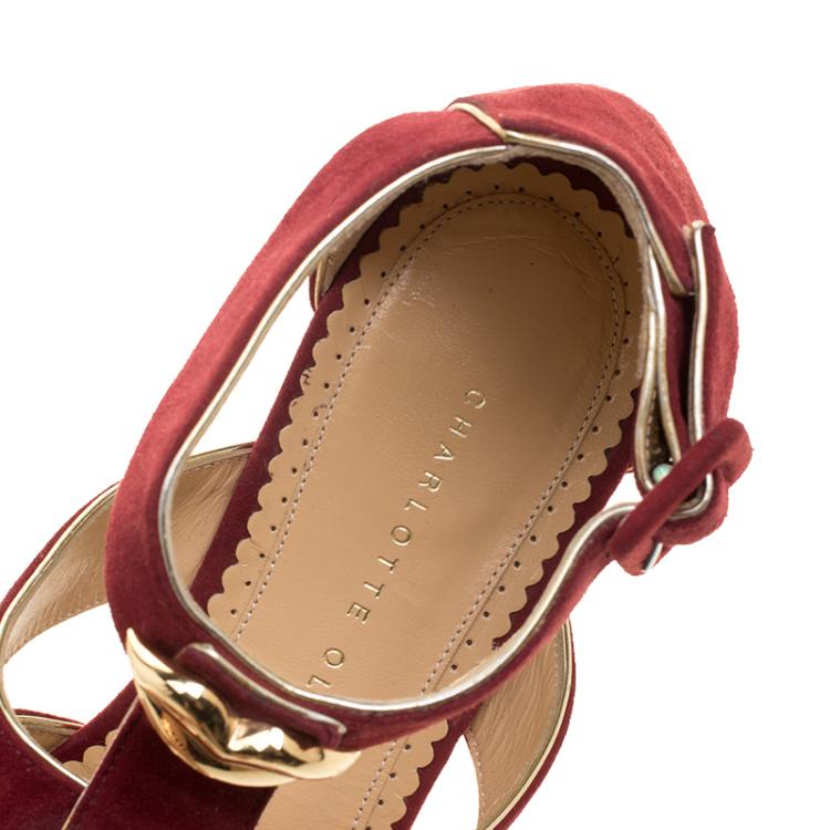 Pre Owned Charlotte Olympia Garnet Red Suede One More Kiss Flat Gladiator Sandals Size 38.5