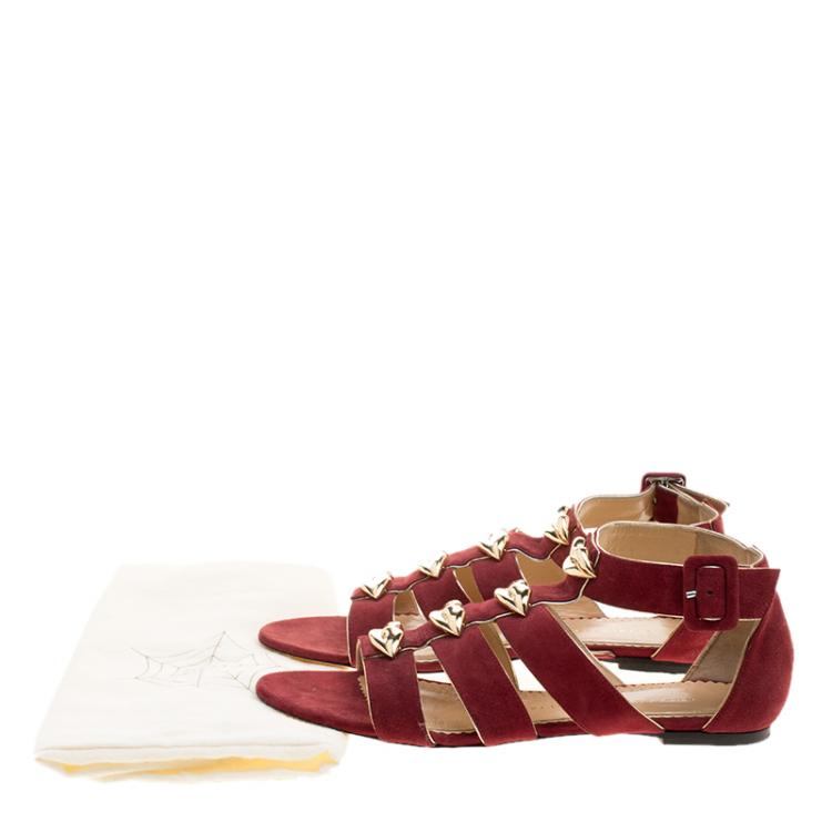 Pre Owned Charlotte Olympia Garnet Red Suede One More Kiss Flat Gladiator Sandals Size 38.5