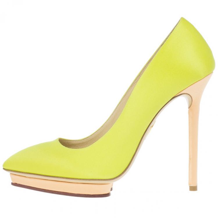 Pre Owned Charlotte Olympia Yellow Satin Debonaire Platform Pumps Size 38.5