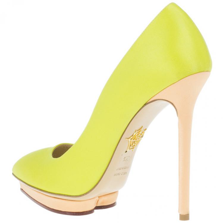 Pre Owned Charlotte Olympia Yellow Satin Debonaire Platform Pumps Size 38.5