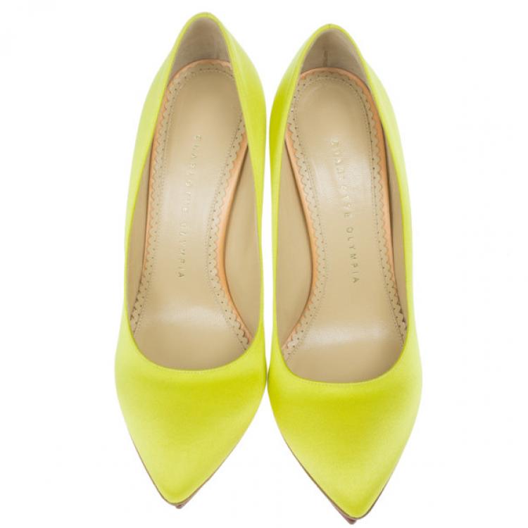 Pre Owned Charlotte Olympia Yellow Satin Debonaire Platform Pumps Size 38.5
