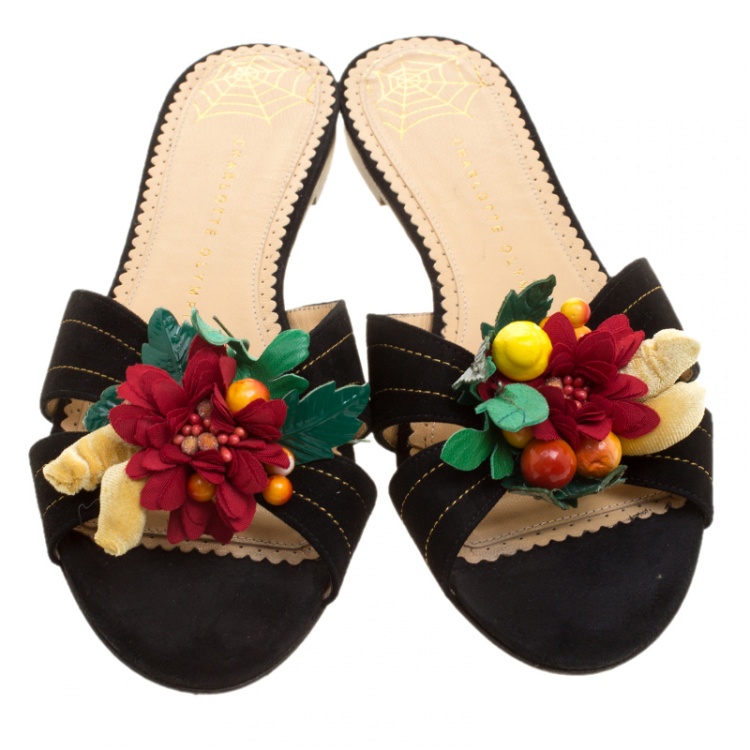 Pre Owned Charlotte Olympia Black Suede Flower Embellished Flat Sandals Size 39