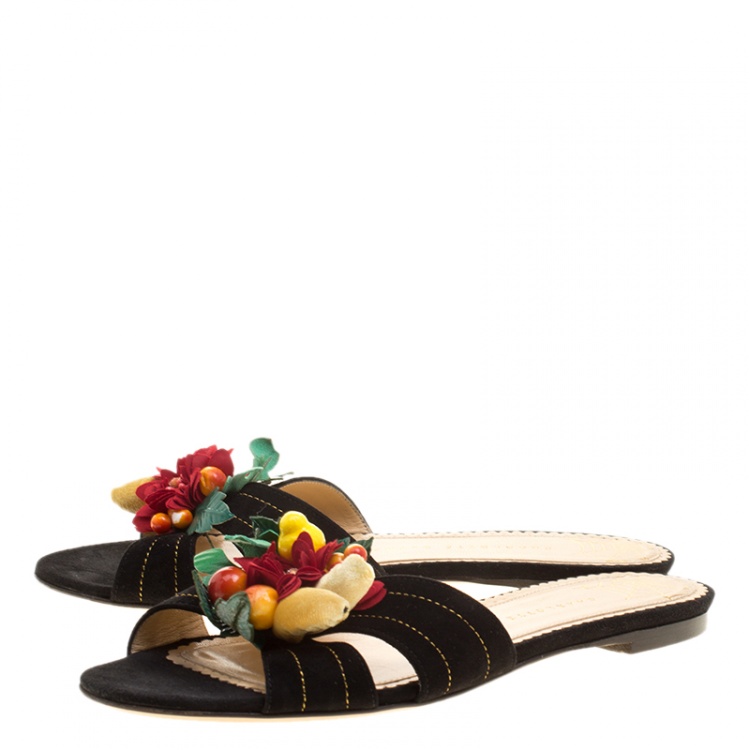Pre Owned Charlotte Olympia Black Suede Flower Embellished Flat Sandals Size 39