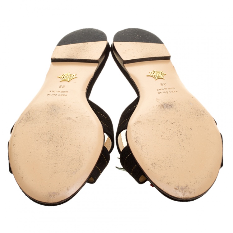 Pre Owned Charlotte Olympia Black Suede Flower Embellished Flat Sandals Size 39