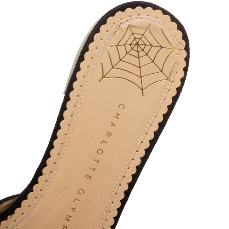 Pre Owned Charlotte Olympia Black Suede Flower Embellished Flat Sandals Size 39