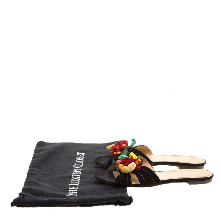 Pre Owned Charlotte Olympia Black Suede Flower Embellished Flat Sandals Size 39