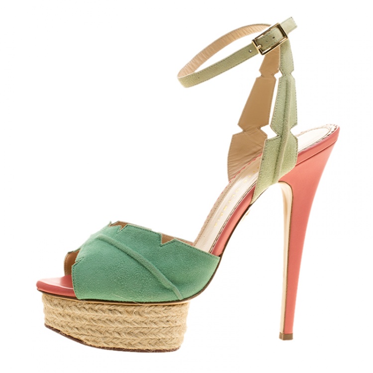 Pre Owned Charlotte Olympia Green Suede Isla Leaf Espadrille Platform Sandals Size 40