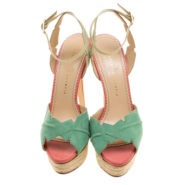 Pre Owned Charlotte Olympia Green Suede Isla Leaf Espadrille Platform Sandals Size 40