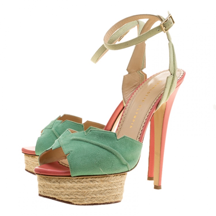 Pre Owned Charlotte Olympia Green Suede Isla Leaf Espadrille Platform Sandals Size 40