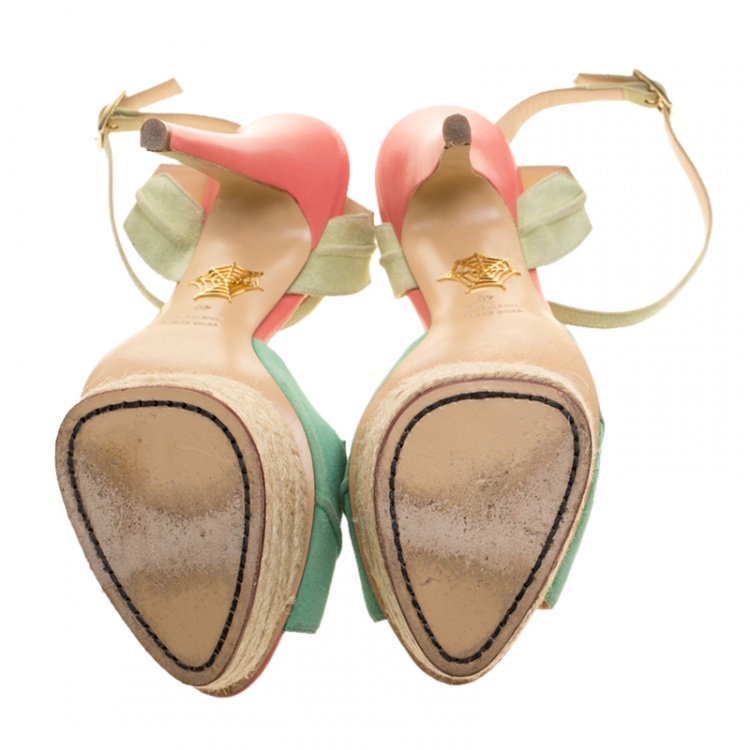 Pre Owned Charlotte Olympia Green Suede Isla Leaf Espadrille Platform Sandals Size 40