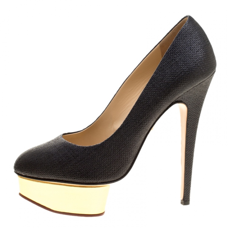 Pre Owned Charlotte Olympia Black Raffia Dolly Platform Pumps Size 39