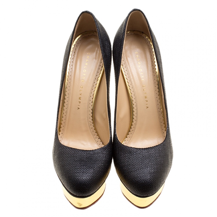 Pre Owned Charlotte Olympia Black Raffia Dolly Platform Pumps Size 39
