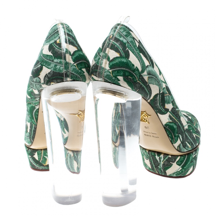 مملوكة مسبقًا Charlotte Olympia Green Leaves Printed Canvas and PVC Mabel Platform Pumps Size 39