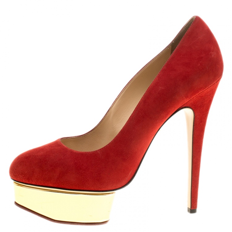Pre Owned Charlotte Olympia Red Suede Dolly Platform Pumps Size 40