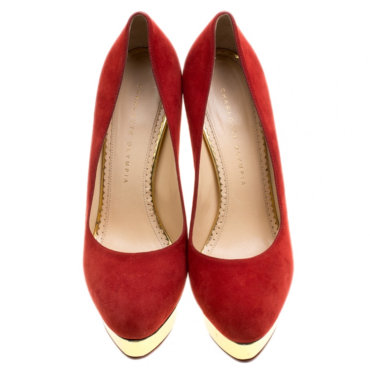 Pre Owned Charlotte Olympia Red Suede Dolly Platform Pumps Size 40