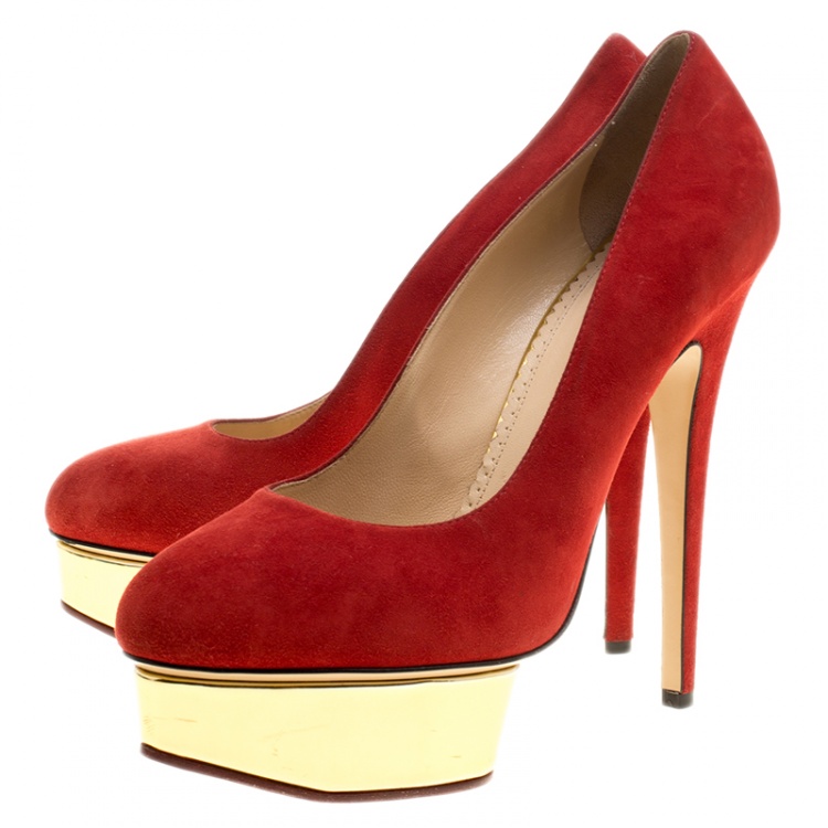 Pre Owned Charlotte Olympia Red Suede Dolly Platform Pumps Size 40